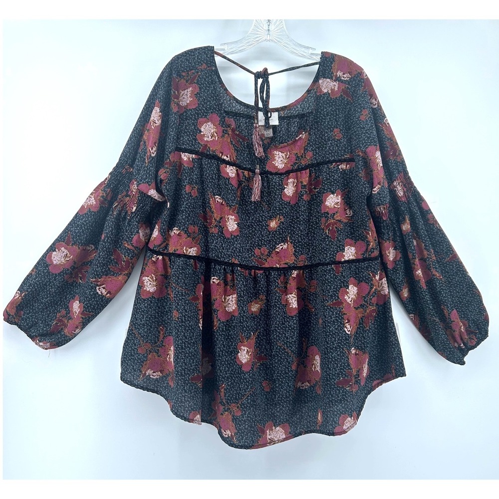 Knox Rose Floral Babydoll Blouse Smocked Sleeve Tassel Tie XXL Dainty Fall